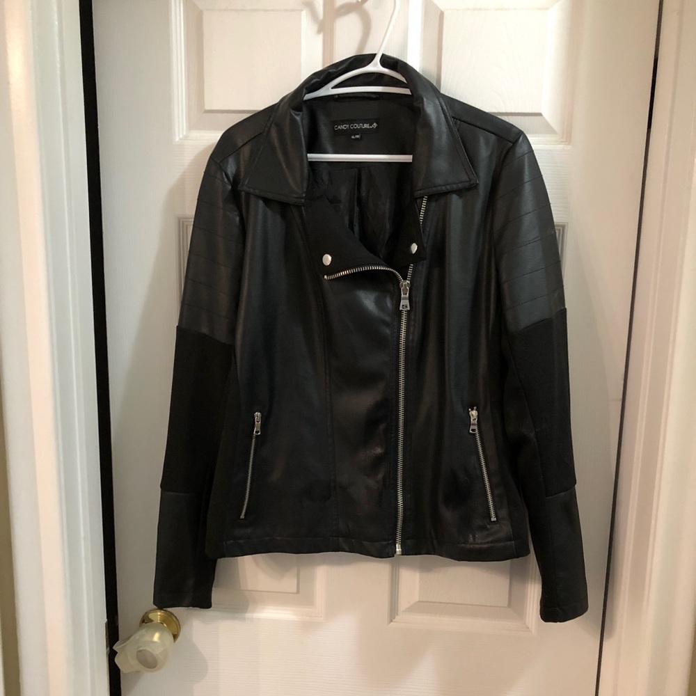 XL faux leather and knit moto jacket